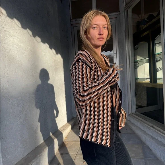 Y2K Osis Studio Striped Open Front Cardigan Black Tan Cream Cotton Blend - Picture 3 of 7